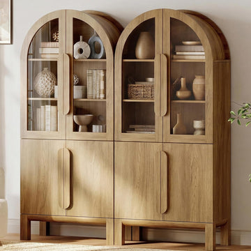 71" Tall Arched Bookshelf, 5 Tiers Bookcase with Glass Doors and Adjustable Shelves, Modern Arched Display Cabinets - Set of 2