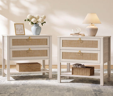 White Rattan Nightstand Set of 2, Wide Bedside Table with 2 Drawers