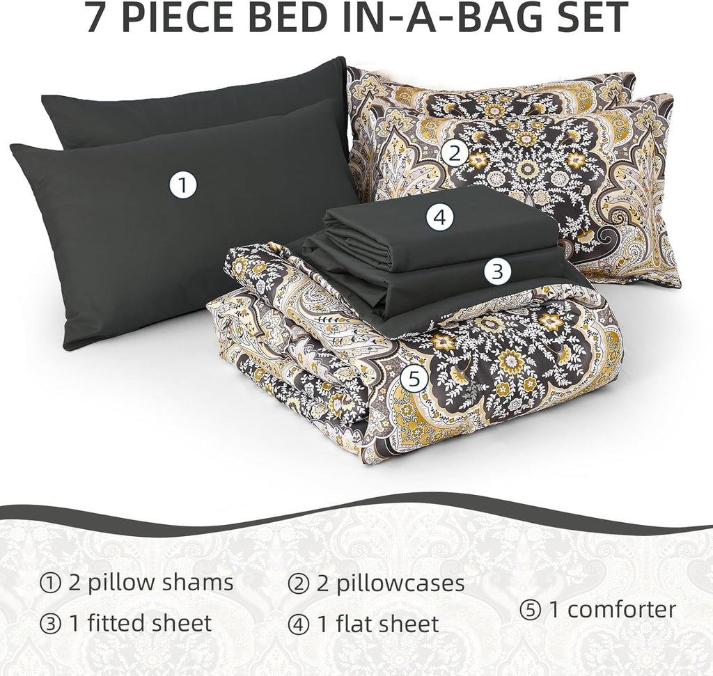 Drucon Boho Paisley Comforter Set Queen, 7 Pieces Bed in a Bag Black Gold Comforter Set