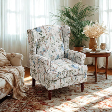 Modern Wingback Accent Chair with Solid Wood Legs and Cushion, Comfy Upholstered Floral Pattern Armchair, Retro