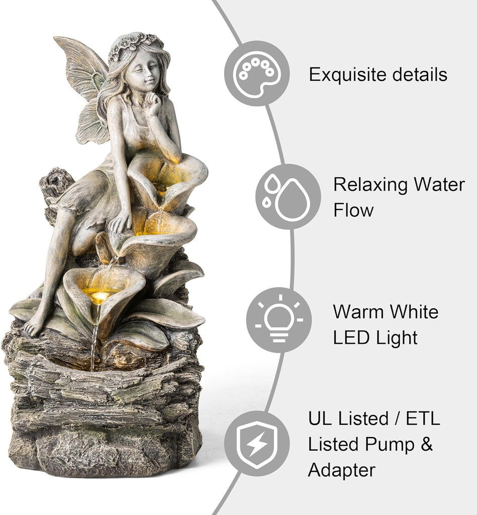 Water Fountain Fountain with Lights & Pump, 22.75" H 4-Tiered Concrete Fairy Polyresin Cascading Waterfall Floor