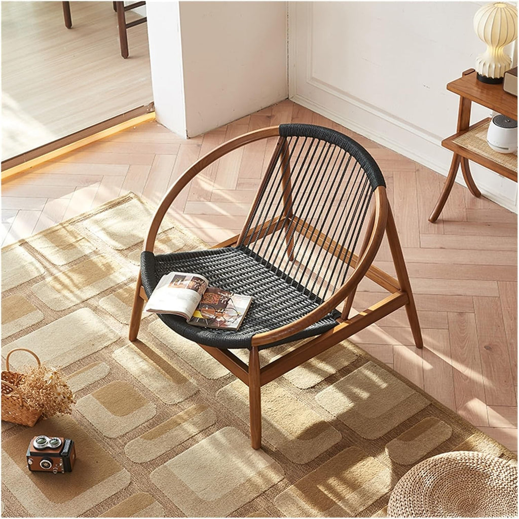 Lounge Chairs Wooden Sofa Leisure Chair Woven Hemp Rope Single Recliner, Chaise Longue and Terrace, Stylish