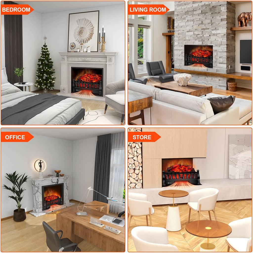 Electric Fireplace Logs Inserts Heater with Infrared Remote Controller 5 Flame Brightness 24 H Timer Overheating