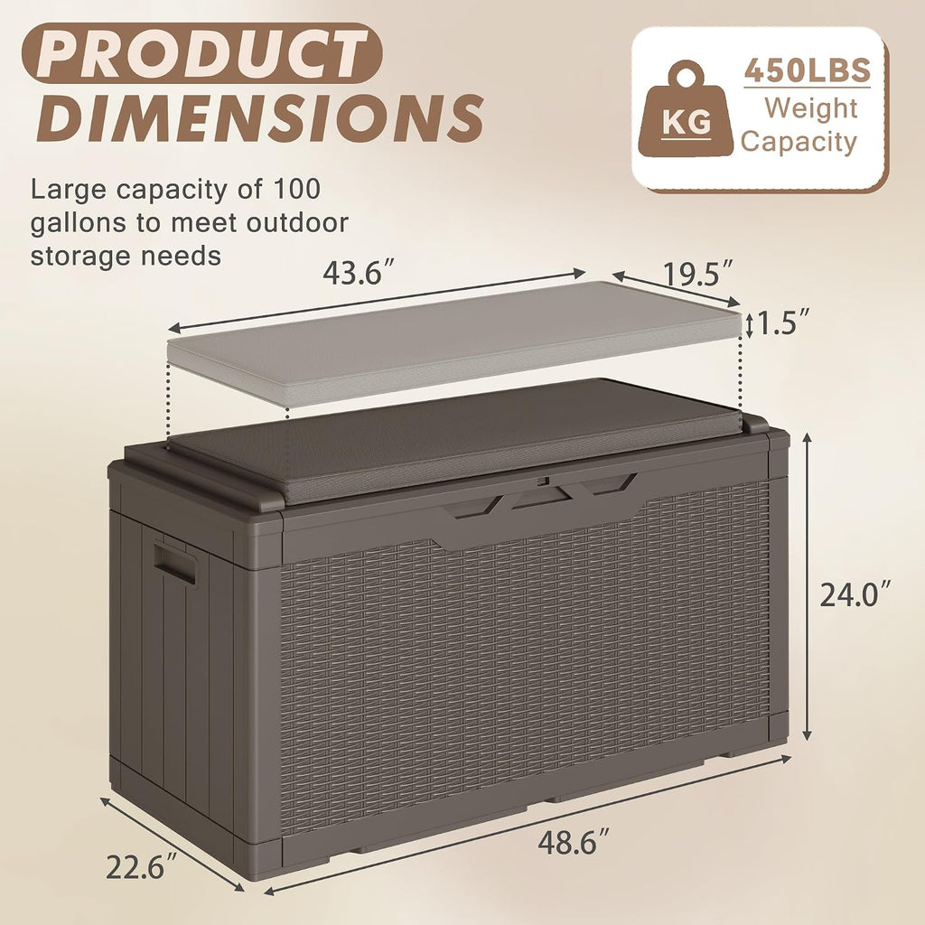 100 Gallon Deck Box Waterproof Outdoor Storage Box with Cushion | Resin Large Outdoor Storage Bench Cabinet Lockable