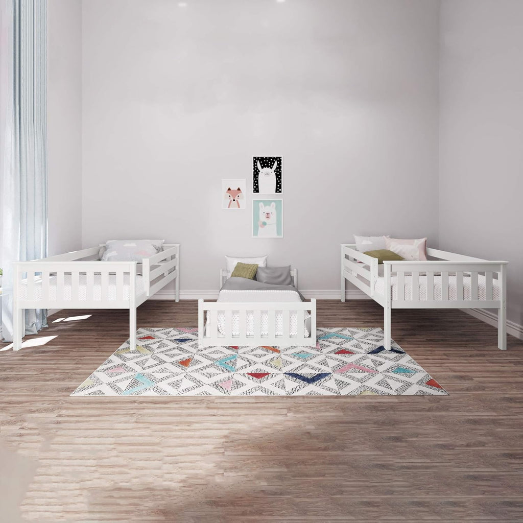Triple Twin Bunk Bed, Solid Wood Bed Frame For Kids, No Box Spring Needed, Easy Assembly, White