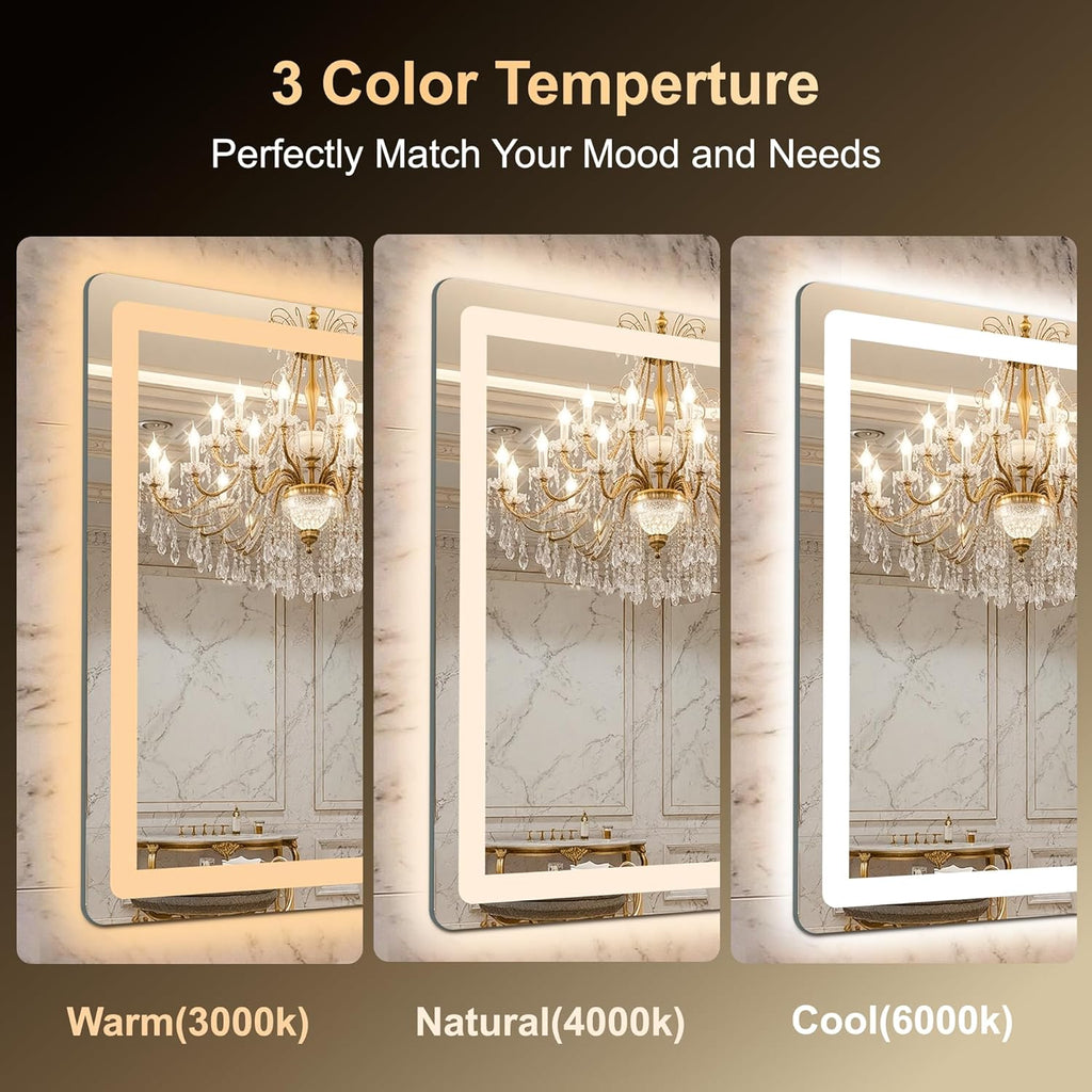 LED Bathroom Mirror, 50"x30" Bathroom Vanity Mirror with Lights for Wall, Smart Anti-Fog, Stepless Dimmable with 3
