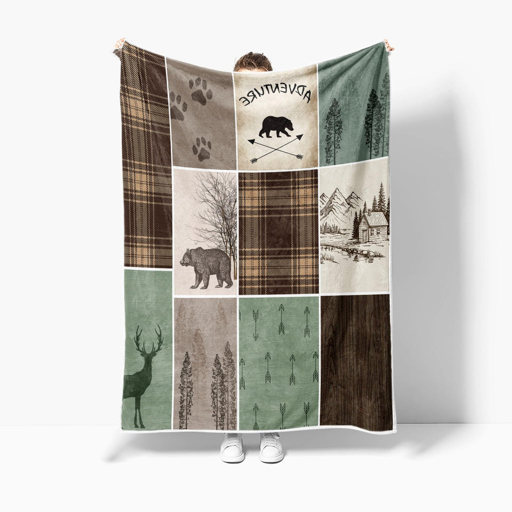Rustic Cabin Bear Deer Weighted Thick Throw Blanket for Couch, Green Hunting Camper Woodland Farmhouse Lodge Plaid