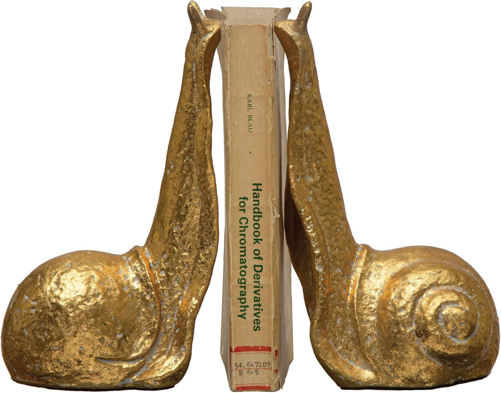 Decorative Distressed Cast Metal Snail Bookends, Gold