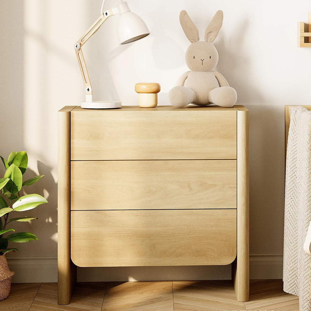 Night Stand with 3 Drawers, Wood Nightstand, Modern Bedside Table with Storage, Side Table & End Table , Rounded Wood