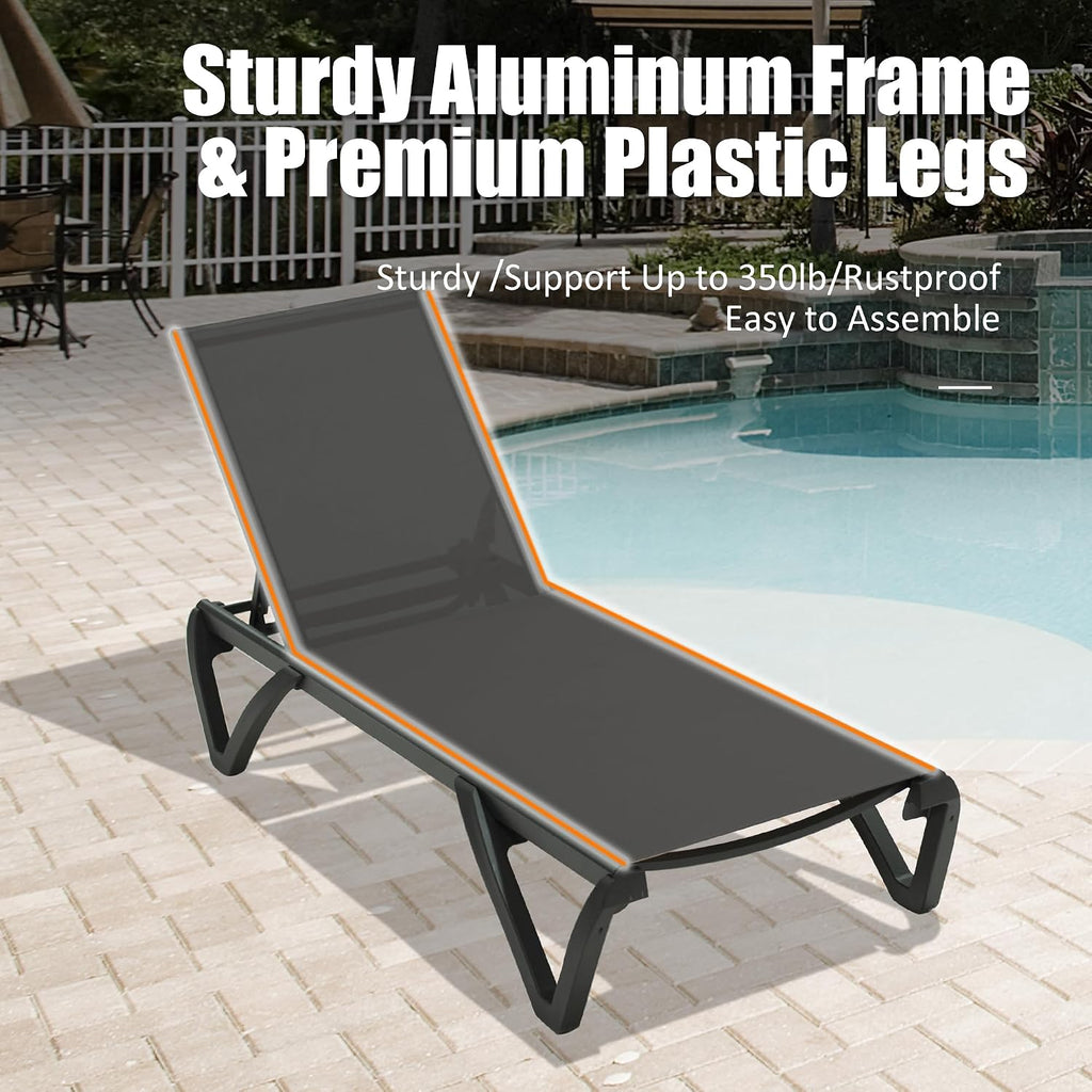 Pool Lounge Chairs Set of 2, Aluminum Patio Chaise Lounge with Wheels, 5 Position Adjustable, All Weather Outdoor