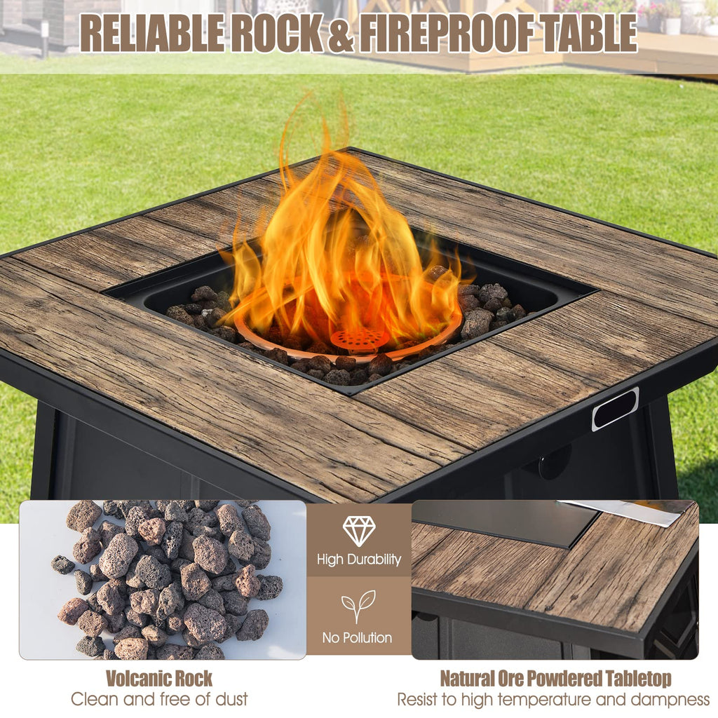 28 Inches Propane Fire Pit Table, 40, 000 BTU Square Fire Table with Lid, Lava Stone, Waterproof Cover and Instant