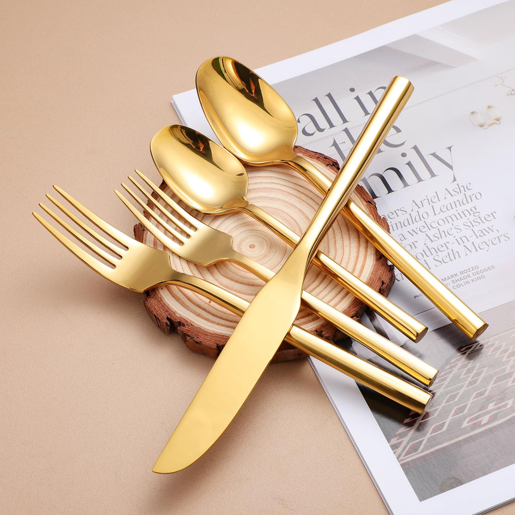 Mirror Silverware Set Gold Flatware Set with Hexagon Handle 20 Pieces 18/0 Stainless Steel Cutlery Set Wedding