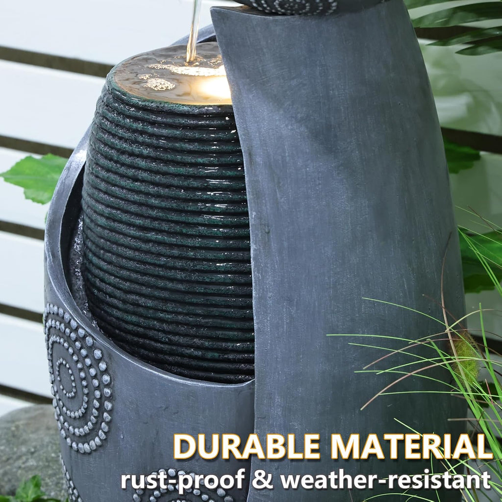 Vase Outdoor Water Fountain, 31.4''H Jar Waterfall Fountain with Warm LED Lights&Durable Pump, Porches, Home Décor