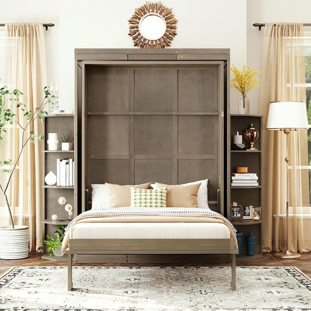 360° Swivel Queen Horizontal Murphy Bed with Desk Combo and Storage Bookshelf, Foldable Murphy Chest Hidden Wall Bed