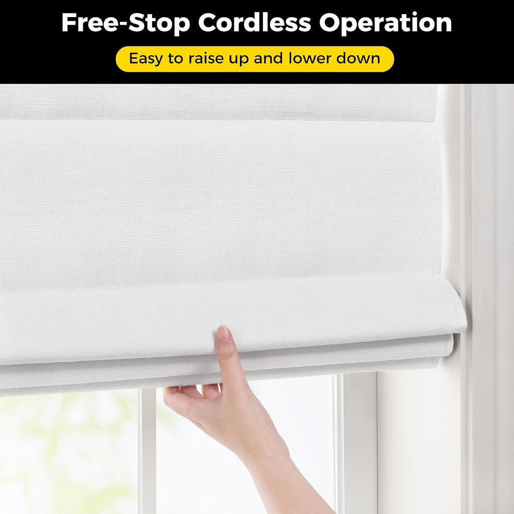 No Drill Cordless Roman Shades for Windows, - 100% Blackout - Linen - Mist White