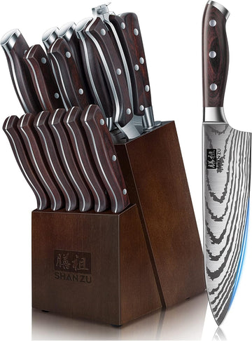 Knife Set 16 pcs, Japanese Kitchen Knife with Block High Carbon Stainless Steel Ultra Sharp Knife , Professional Chef