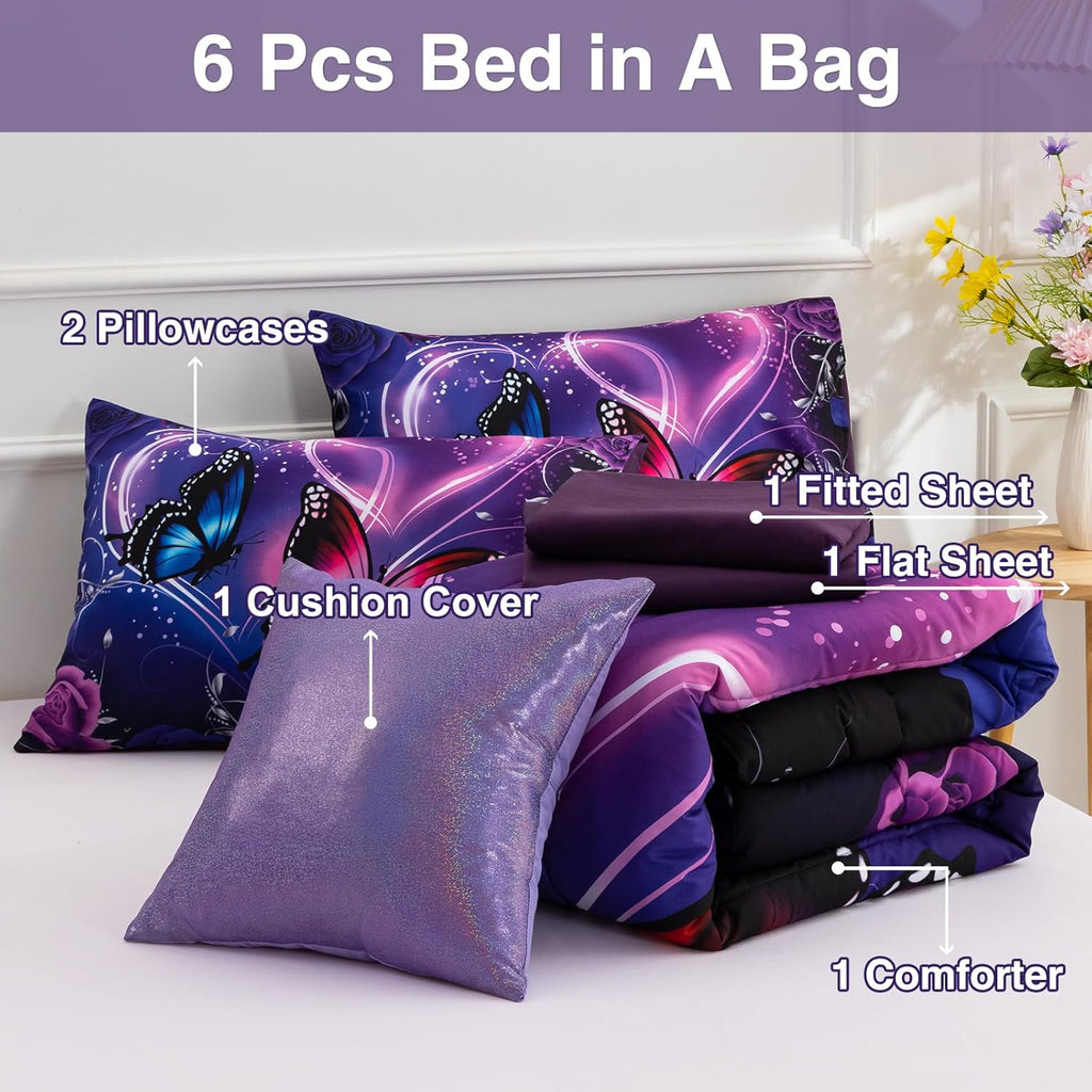 A Nice Night Galaxy 6pcs Bed in a Bag Purple and Blue Dreamy 3D Butterfly Printed