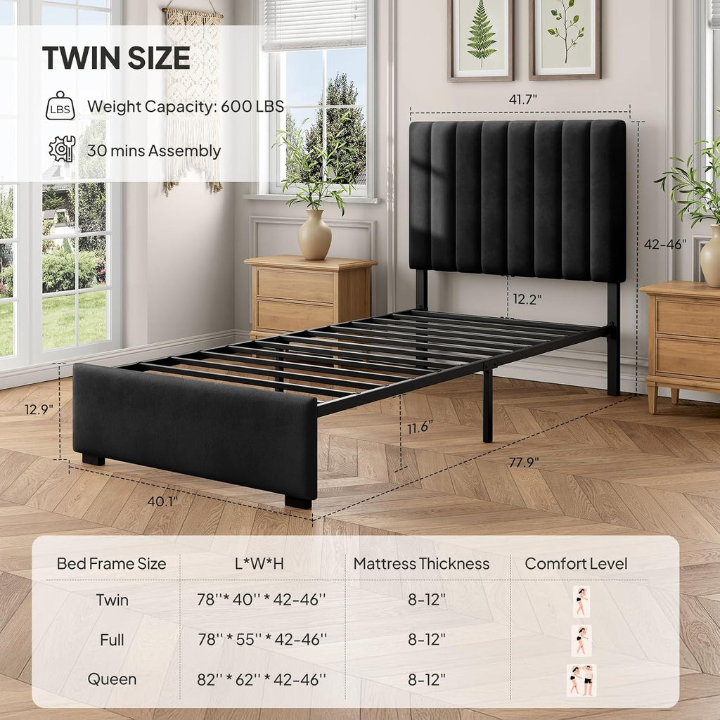 Twin Velvet Upholstered Bed Frame with Headboard for Kids, Black | Soft Velvet, Metal Platform Storage Bed, Vertical