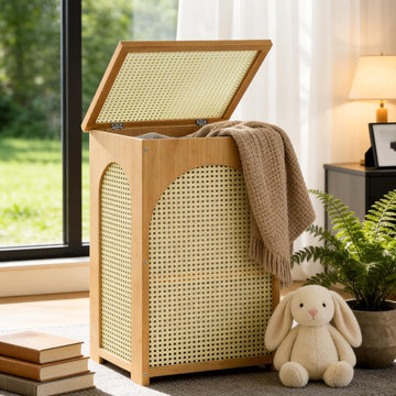 Bamboo Laundry Hamper with Lid, 16.9" x 13.4" x 26.8" Wooden Clothes Basket with Removable Liner Bag, Space-Saving