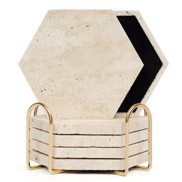 Travertine Coasters Set of 6 with Holder, Hexagonal Rustic Farmhouse Beige Marble Drink Coasters for Coffee Table