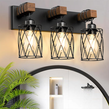 Farmhouse Bathroom Vanity Light, 3-Light Wood Bathroom Light Fixtures Over Mirror, Black Industrial Vanity Lights