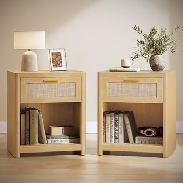 Boho Nightstands with Rattan-Look Drawer, Set of 2 Accent Side End Tables with Open Compartment, Rounded