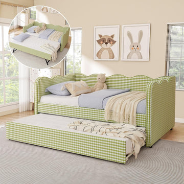 Twin Size Daybed with Pop Up Trundle, Linen Gingham Twin to King Daybed with USB Ports, Upholstered Day Bed Frame