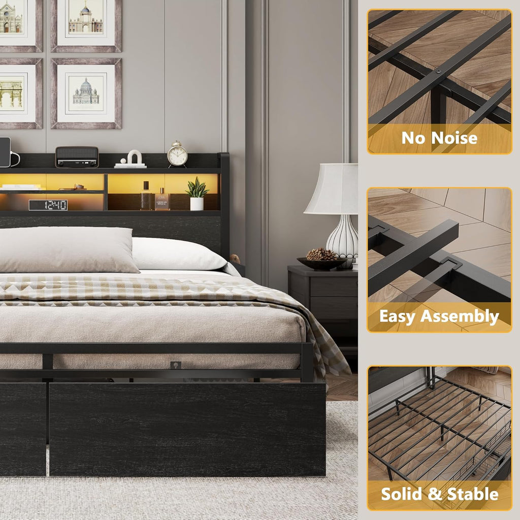 Full Bed Frame with Wood Headboard, Metal Platform Bed Frame Full with 2 Storage Drawers and Shelf