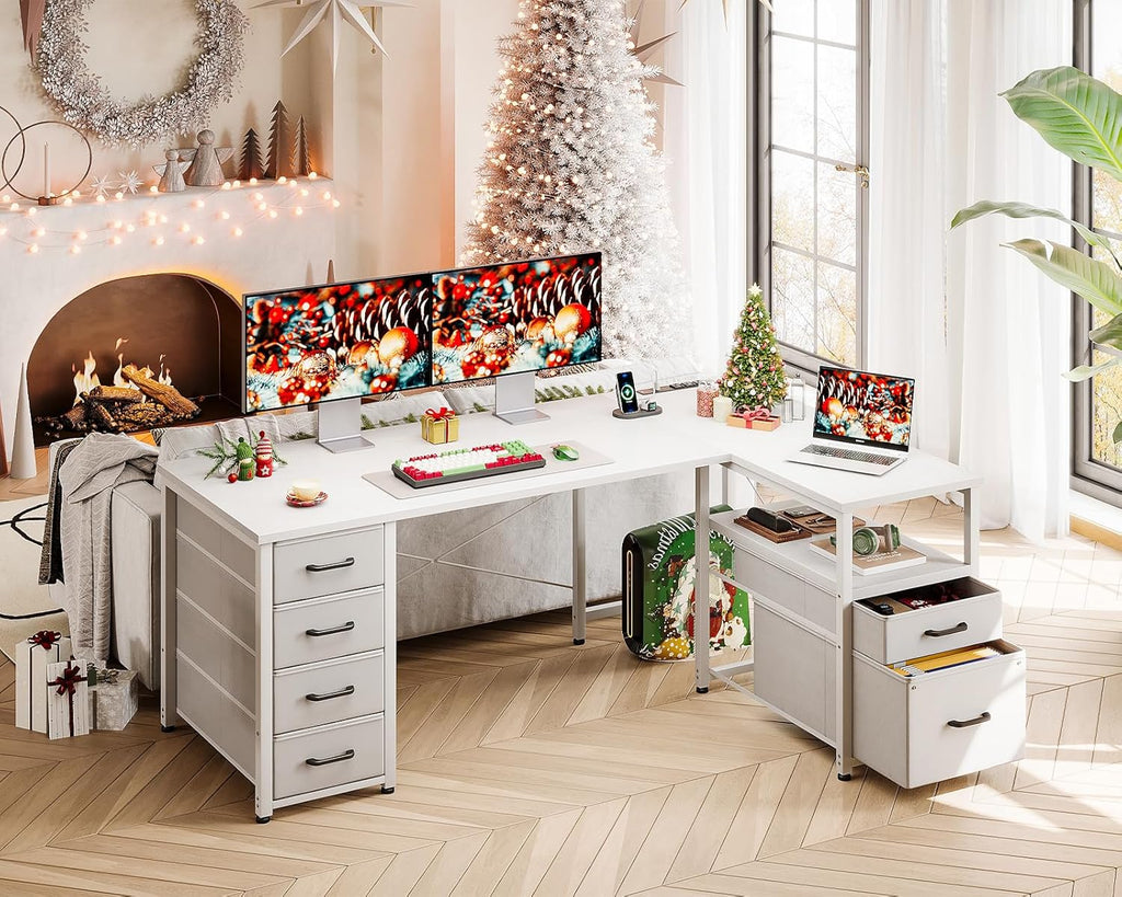 L Shaped Computer Desk with 6 Drawers & Power Outlet, 55 Inch Corner Desk with Reversible Storage Shelf & File Drawer