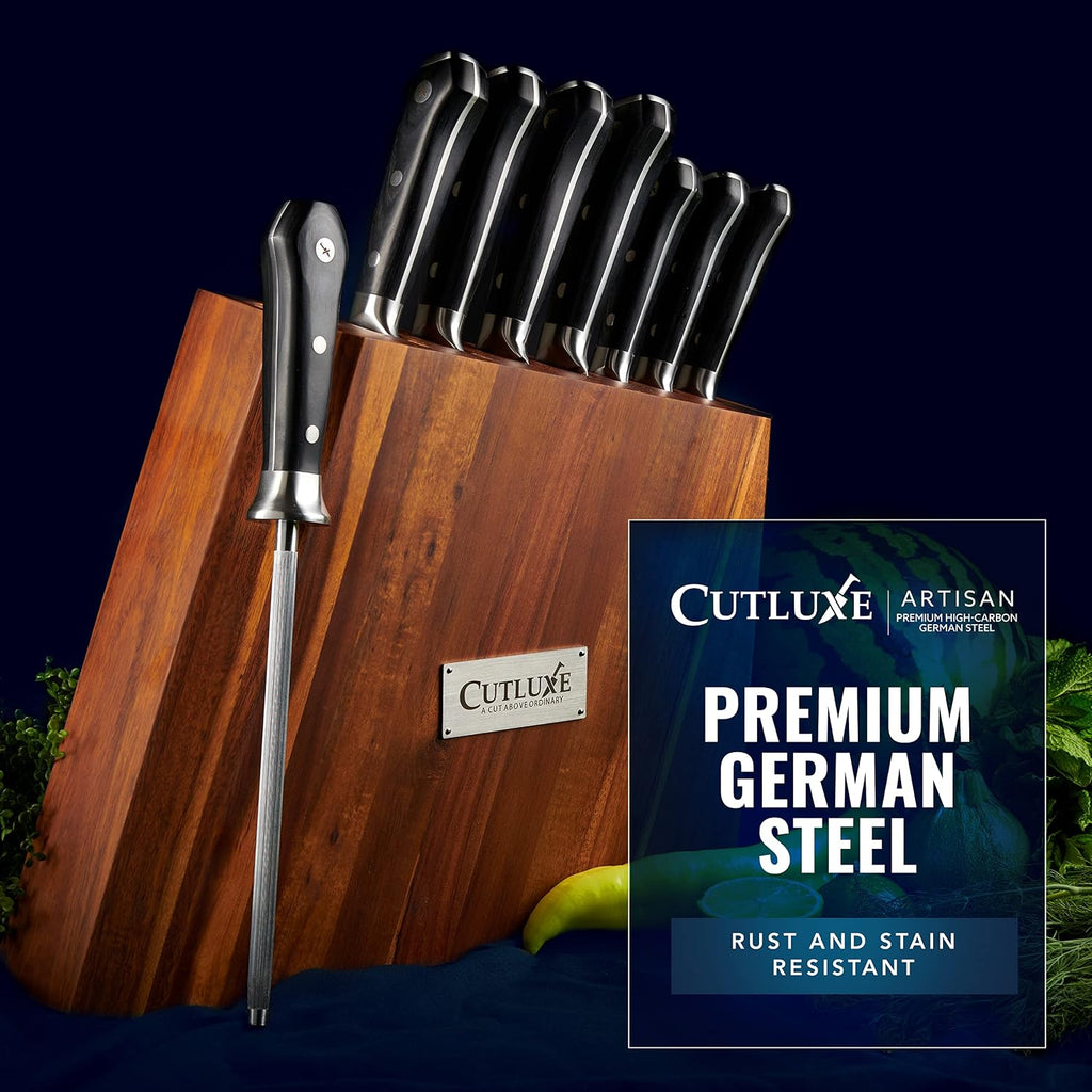 Kitchen Knife Set, 8-Piece Chef Knives with Acacia Wood Block | Razor Sharp Full Tang Blades, High Carbon German