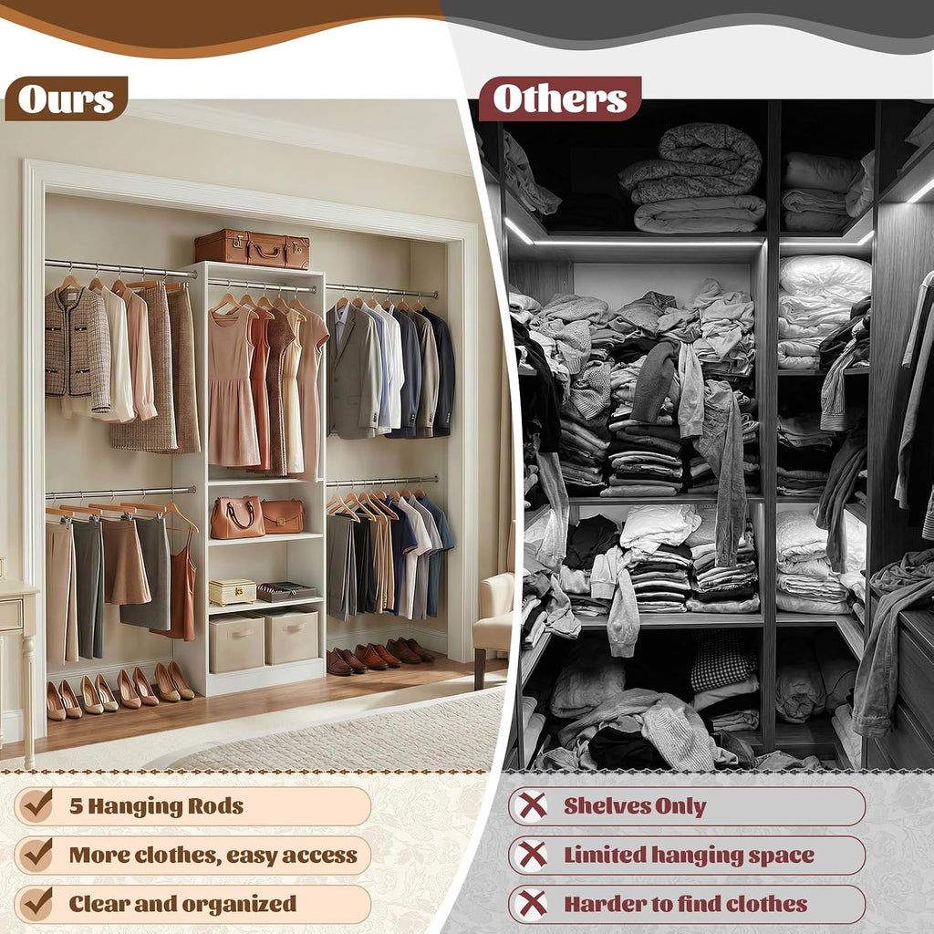 12FT Large Open Closet System, 138'' Wall-Mounted Closet Shelving with 5 Hanging Rods and 6 Shelves, Customizable
