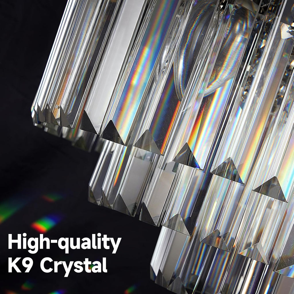 16" Black Crystal Chandelier Ceiling Light, Flush Mount 5-Lights 3-Tier K9 Crystal Round Chandelier Light for Dining