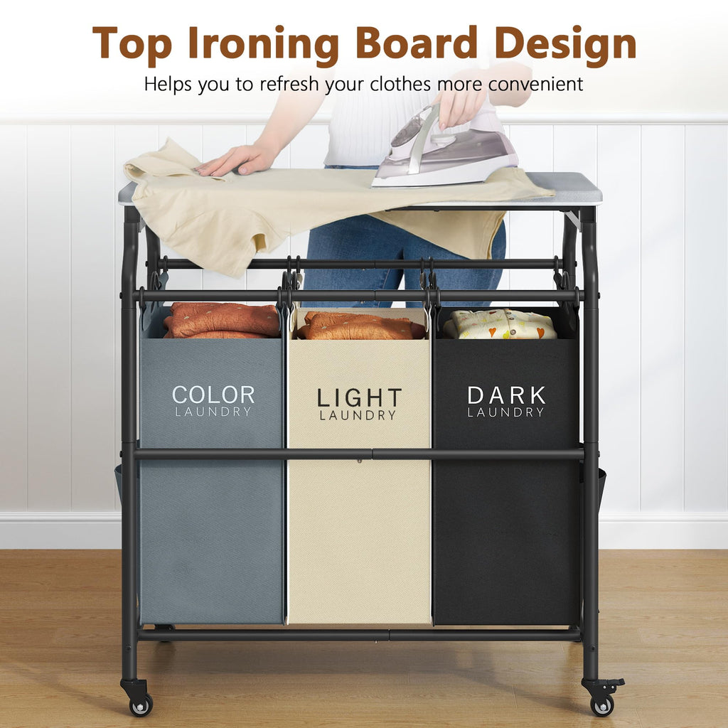 3 Section Laundry Sorter with Ironing Board, Hamper with Wheels