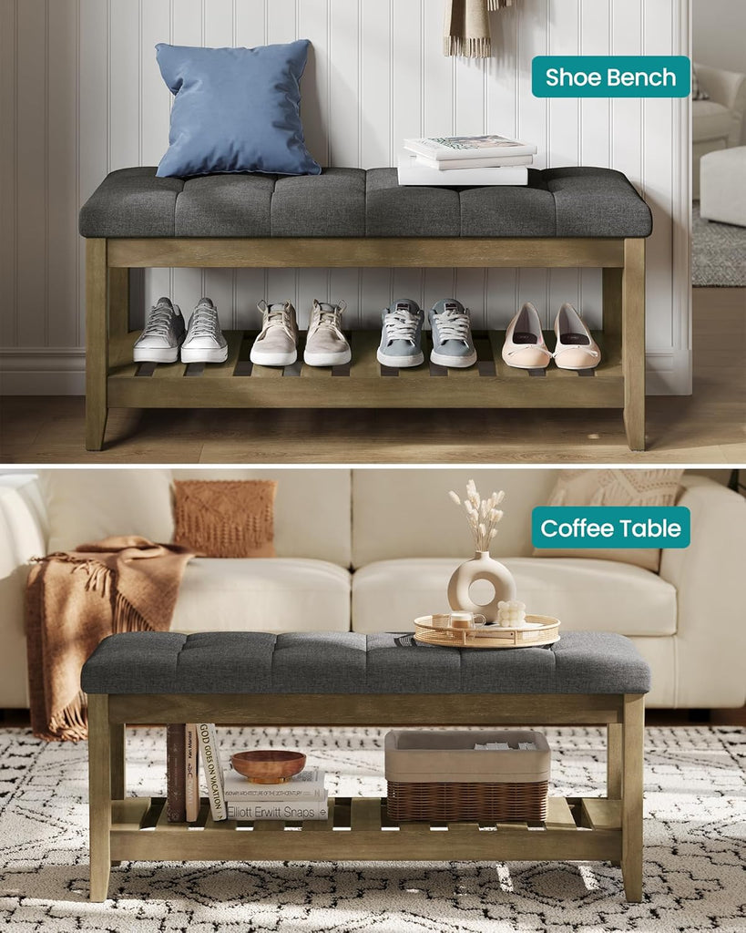 Entryway Storage Bench with Solid Wood Frame, Console Table with Storage, Sofa Table, Ottoman with Tufted Cushion