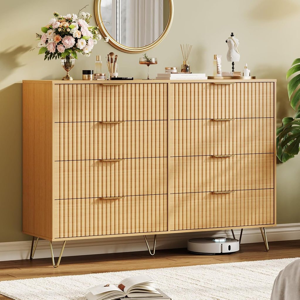Fluted Dresser with 8 Drawers,55" Wide Modern Chest of Wooden Bedroom Chest with Metal Handle,Clothes Storage