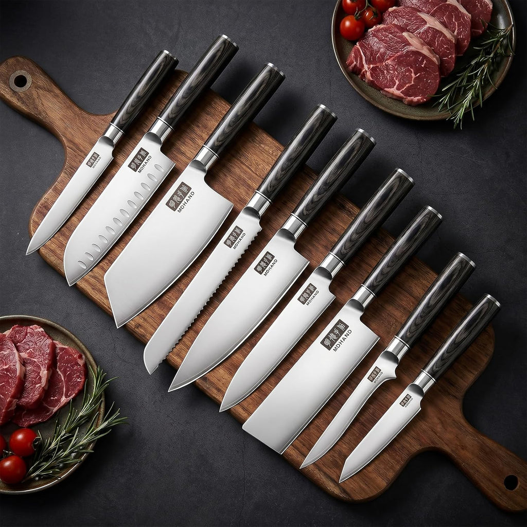 Chef Knife Set with Roll Bag, Ultra Sharp Japanese Kitchen Knife Set | High Carbon Stainless Steel 10PCS Kitchen