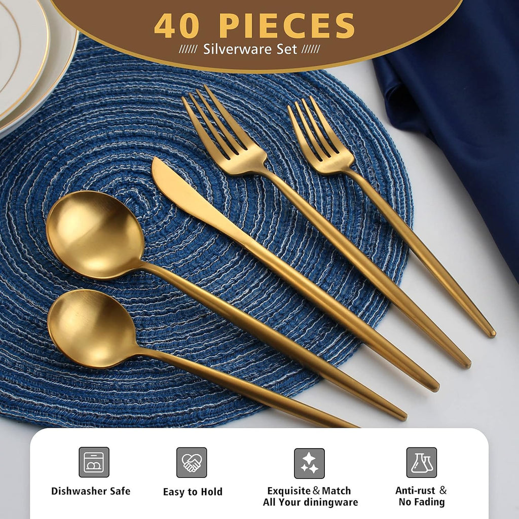Matte Gold Silverware Set, 40-Piece Stainless Steel Flatware Cutlery Set Service for 8