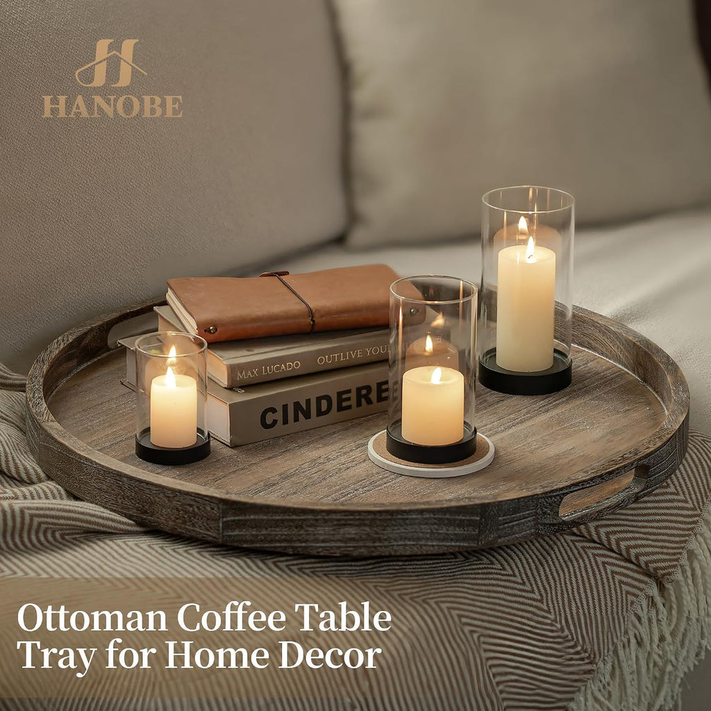 Wood Decorative Ottoman Tray with Handles, Round | 22" Large Coffee Table Tray Farmhouse Rustic Round Topper Decor