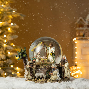 150mm Lighted Musical Christmas Snow Globe,Oversized Resin Holy Family Nativity Figurines Scene Water Globe,Xmas