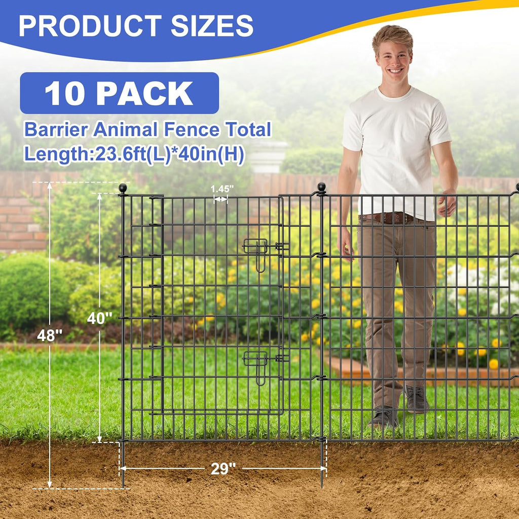 10 Panels No Dig Decorative Garden Fence with Gate, 40 in(H) X 23.6 ft(L) Outdoor Dog Rabbits Fence, Animal Barrier