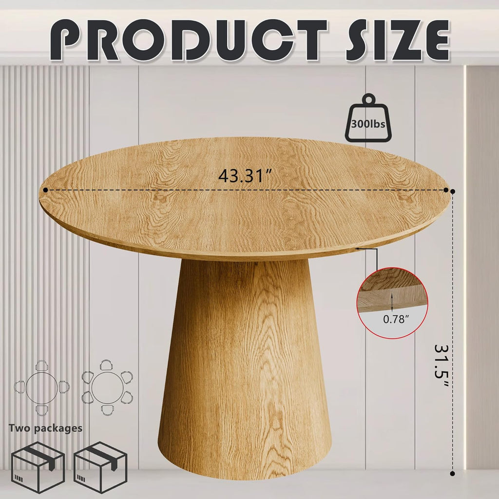 Wood Round Dining Table, 43" Round Pedestal Dining Table with Stable Base, Mid Century Modern Minimalist Circle
