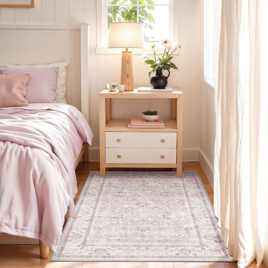 Light Pink 4x6 Rugs Nursery Rug Vintage Aesthetic Cute Boho Floral Washable Area Rug Indoor Carpet for Kids Room