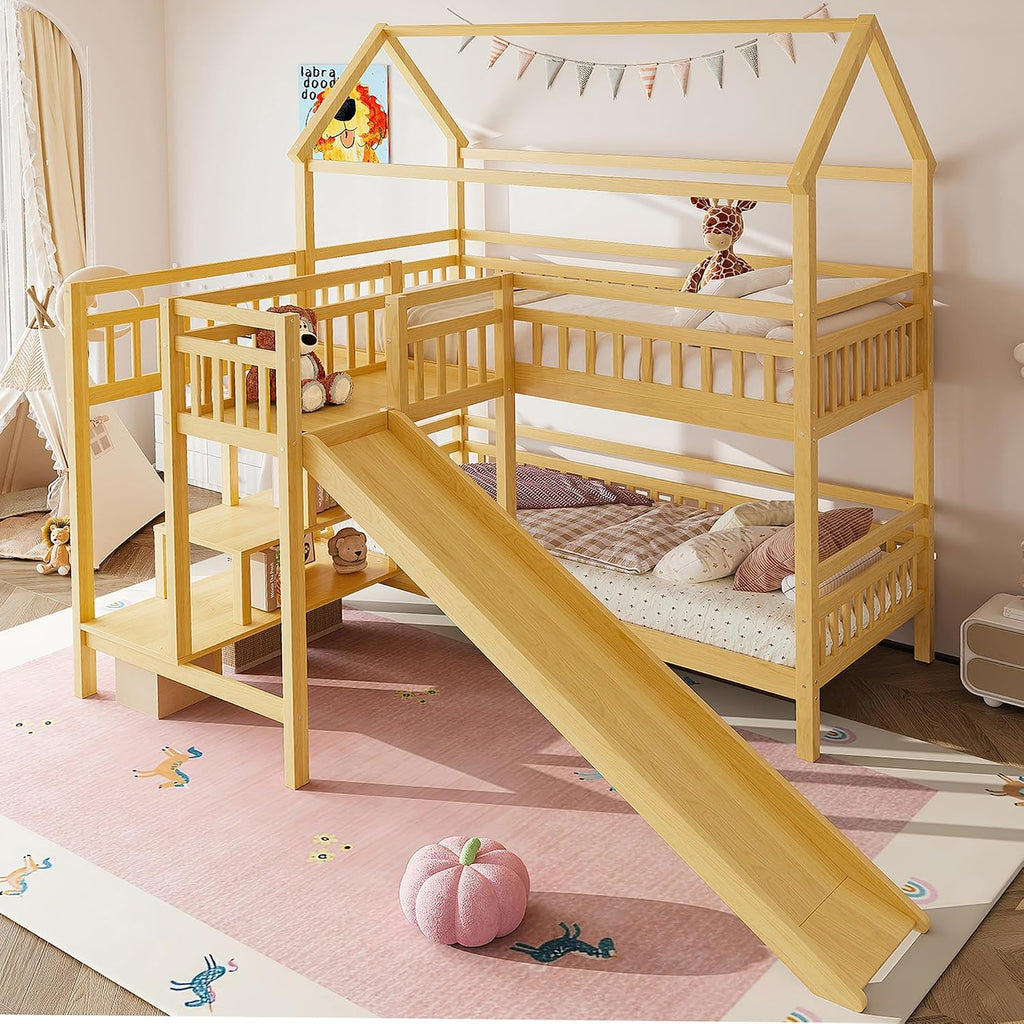 Twin over Twin Bunk Bed with Playhouse Design Roof, House Bunk Beds with Storage Stairs & Slide, Wood Bunkbed for Kids