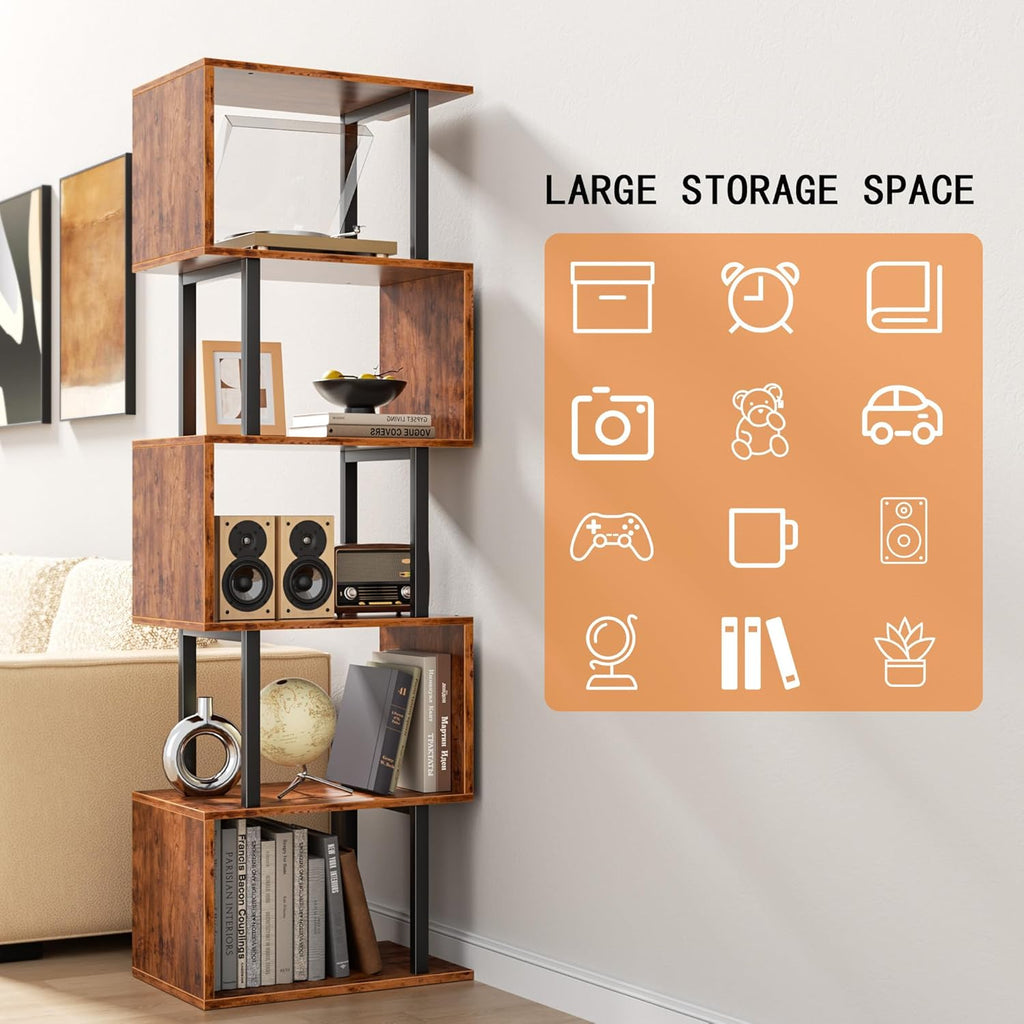 6 Tier Bookshelf, Tall S Shaped Geometric Bookcase, Modern Display Shelf Standing Unit