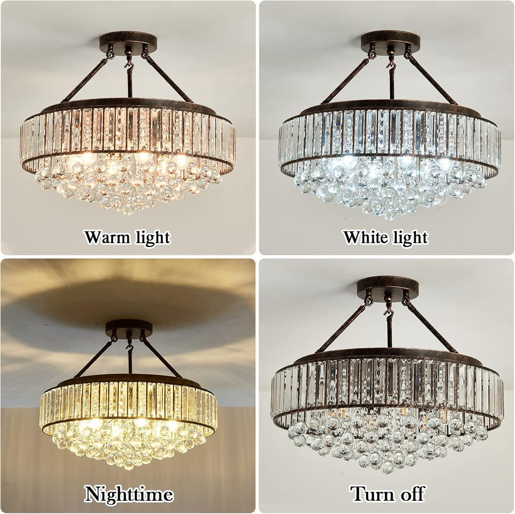 6 Light Modern Crystal Oil Rubbed Bronze Metal Semi Flush Mount Ceiling Light Fixture E26 Indoor Round Ceiling Lamp