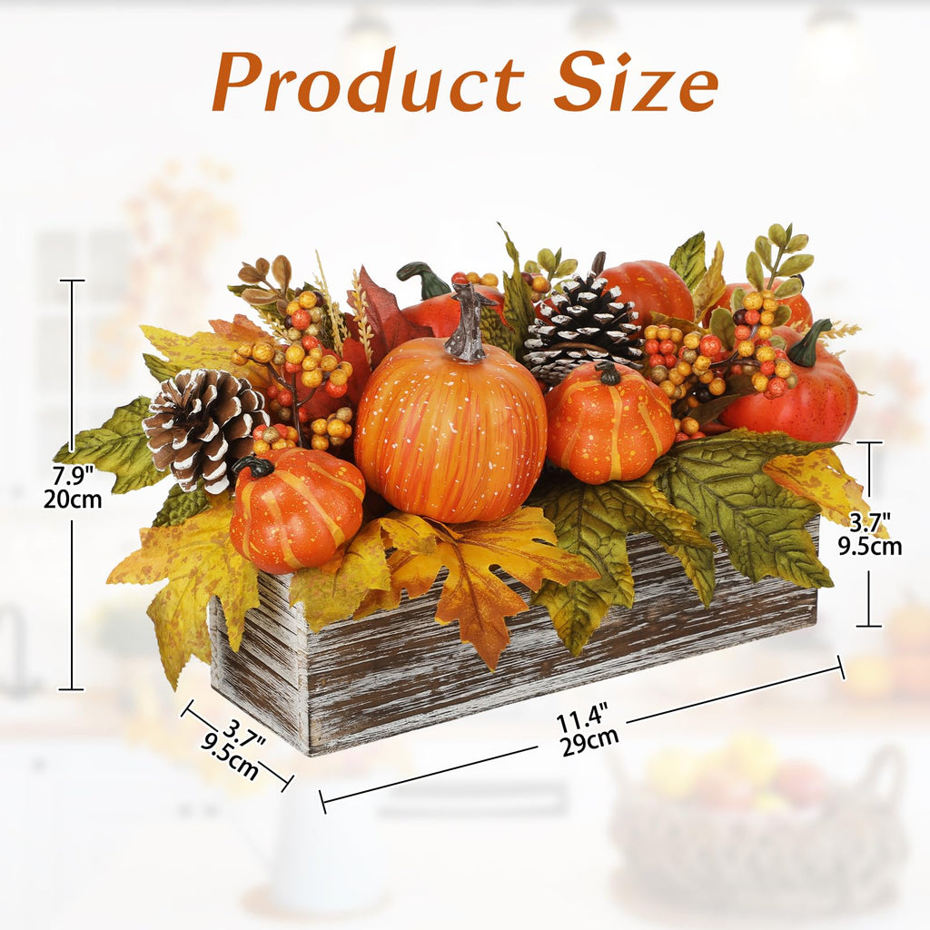 Artificial Pumpkins Fall Centerpiece for Table In Rustic Wooden Box Vase