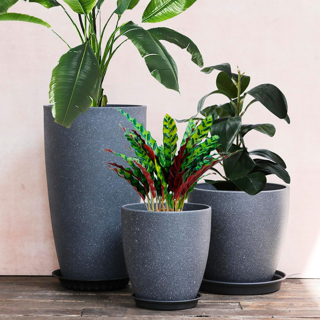 Garden Decorative Planters Tall Round Flower Pots with Drainage Hole & Saucer Cement Grey Surface Painting Robust &
