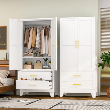 Metal Armoire Wardrobe Closet, 71" Tall White Bedroom Closet