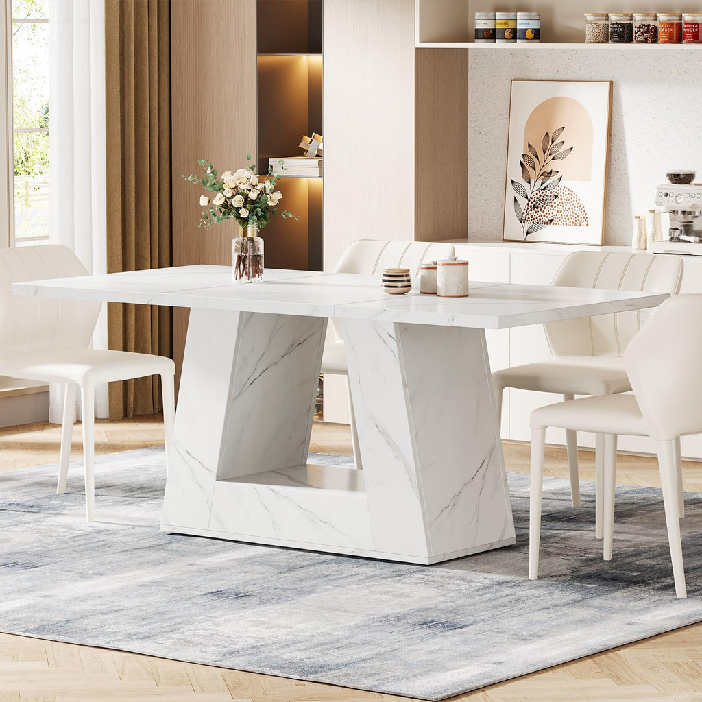 Dining Table for 4 to 6 People, 63" Rectangular Dining Room Table, Modern Wooden Faux Marble Dinner Table with Sturdy