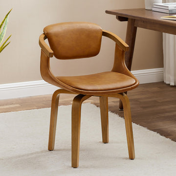 Swivel Desk Chair No Wheels, Mid Century Modern Office Chair, Faux Leather Dining Chair with Wood Legs, Accent Arm
